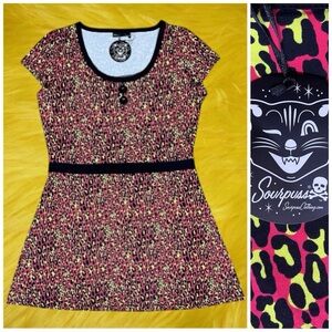 Sourpuss NWT Black Neon Pink Yellow Animal Print Cap Sleeve Mini Dress 3XL
